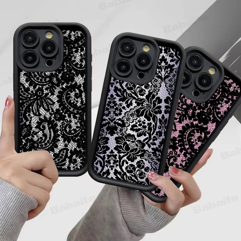 Černý krajkový vzor Personalizovaný kryt na mobilní telefon Pro IPhone 17 16 15 13 11 12 14 Pro Max Plus Silikonový kryt