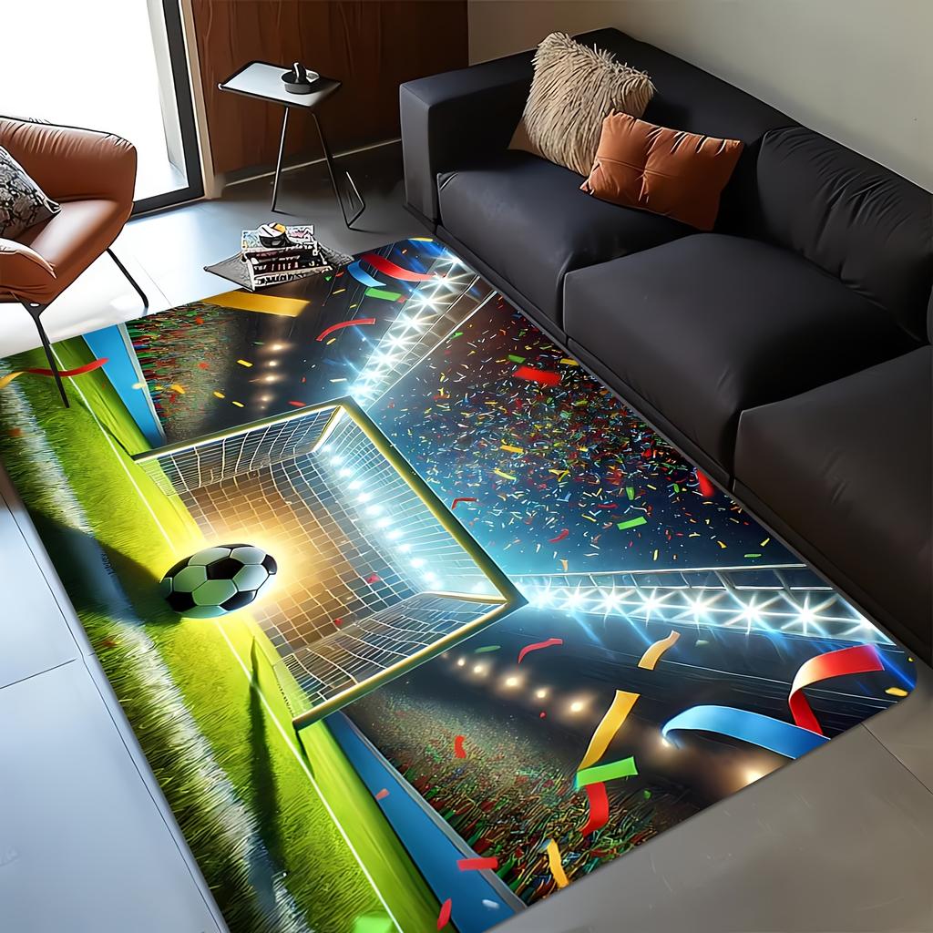 Creative Soccer Field Print Floor Mat, Sports Theme Non-Slip Washable Rug, Indoor Outdoor Decor Carpet for Living Room Patio
