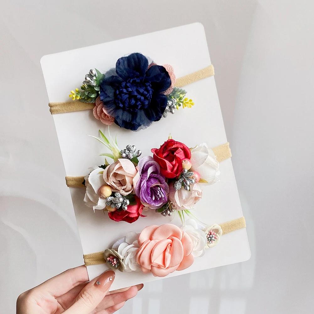 3/4Pcs Artificial Flower Headband for Kids Baby Girls Hair Band Set Floral Newborn Toddler Elastic Nylon Headwear Accessories