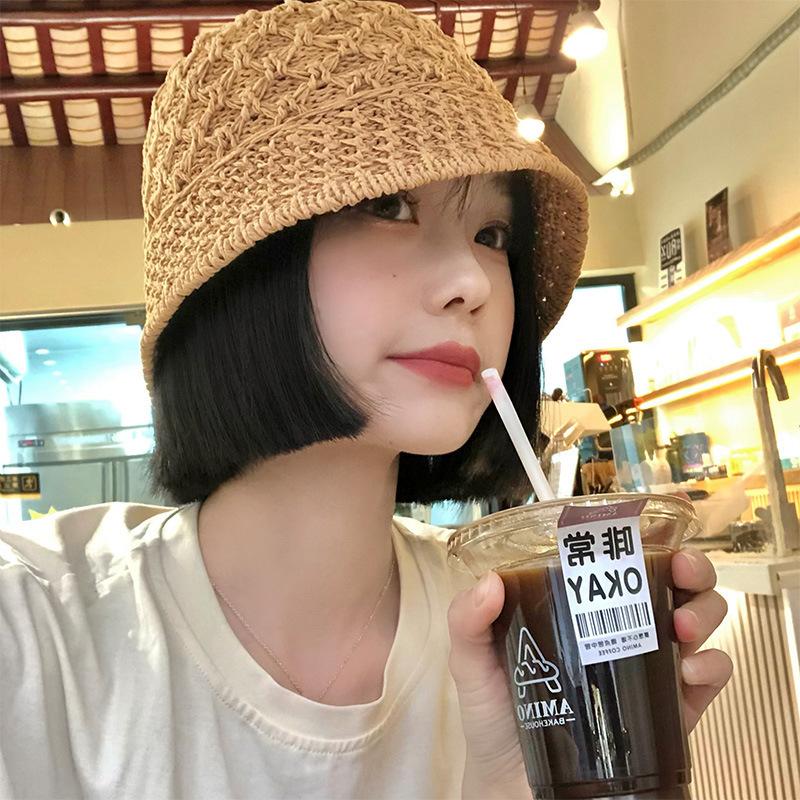 Hat Summer Women's Summer New Knitted Hollow Bucket Hat Showing Face Small Bucket Hat Sunscreen Visor