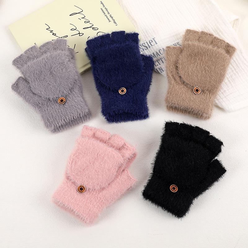 Women's Winter Plush Gloves: Fleece-Lined, Korean Style, Touchscreen, Half-Finger Cycling Gloves