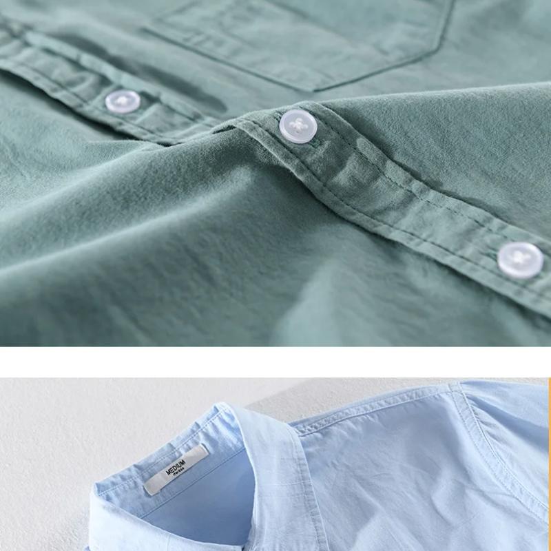 Summer Short Sleeve Shirt Men Daily Casual Tops Square Collar Soft and Comfortable Green Pure Cotton Shirt Korean Simple Style Men Clothing