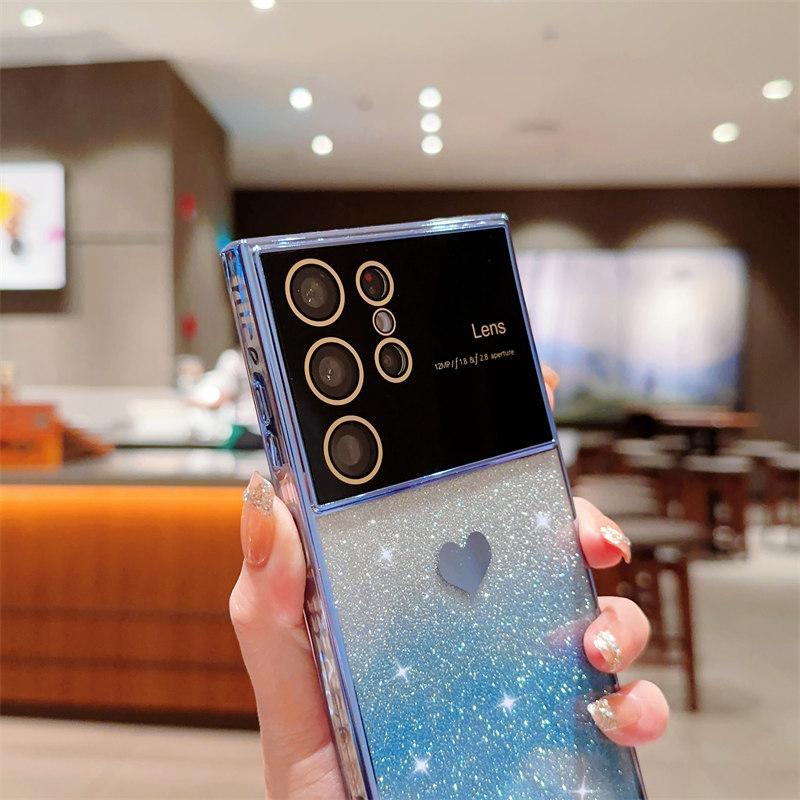 Luxury Love Logo Lens Film Glitter Electroplated Mobile Phone Case for Samsung S23 22 21 Ultra Plus S20 FE A54 53 52 A14 A23 Fall Protection Cases