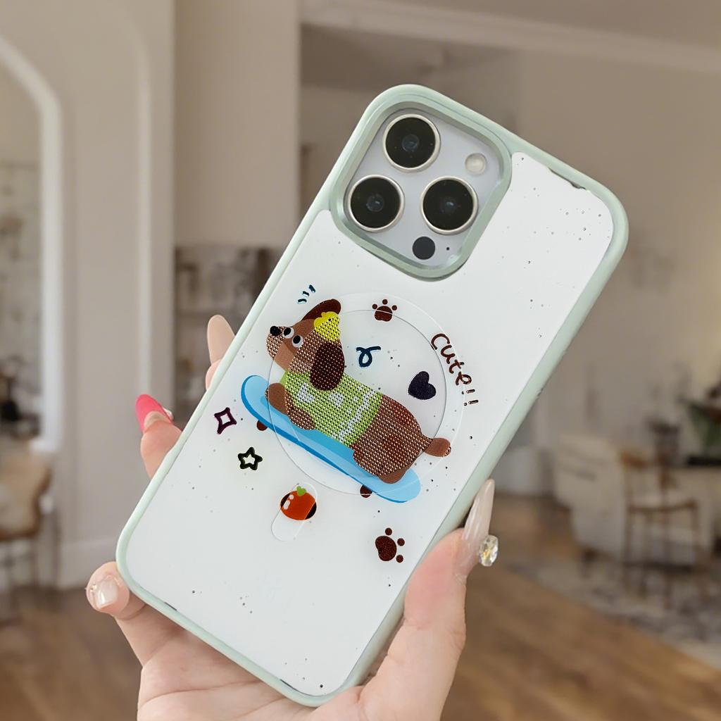 For iPhone 16 Pro Magnetic Case TPU PC Phone Cover with Skateboarding Dachshund Backplate