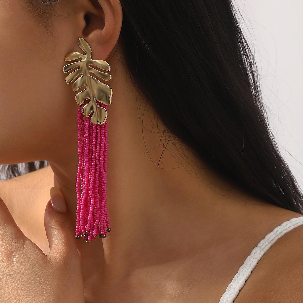 Women Fashion Bohemian Handmade Beaded Rice Bead Tassel Long Earrings Creative Alloy Leaf Ear Jewelry