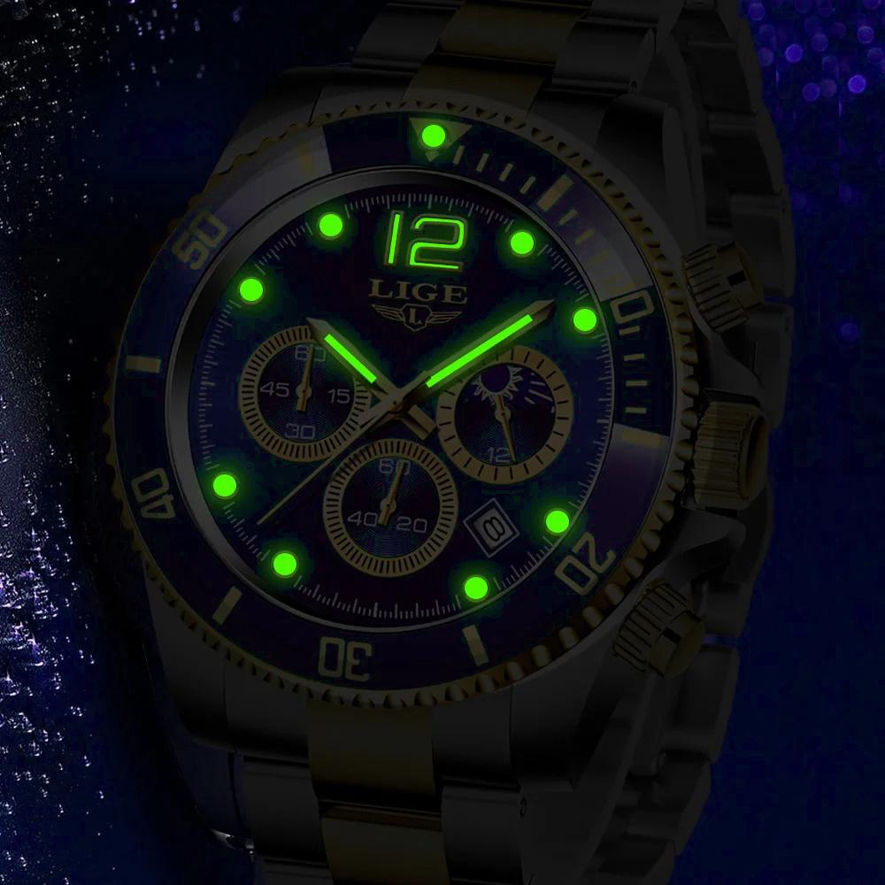 LIGE Top Brand Luxury Men Watch Business Stainless Steel Quartz Wristwatches Luminous Waterproof Watch for Men Clock Gift+Box