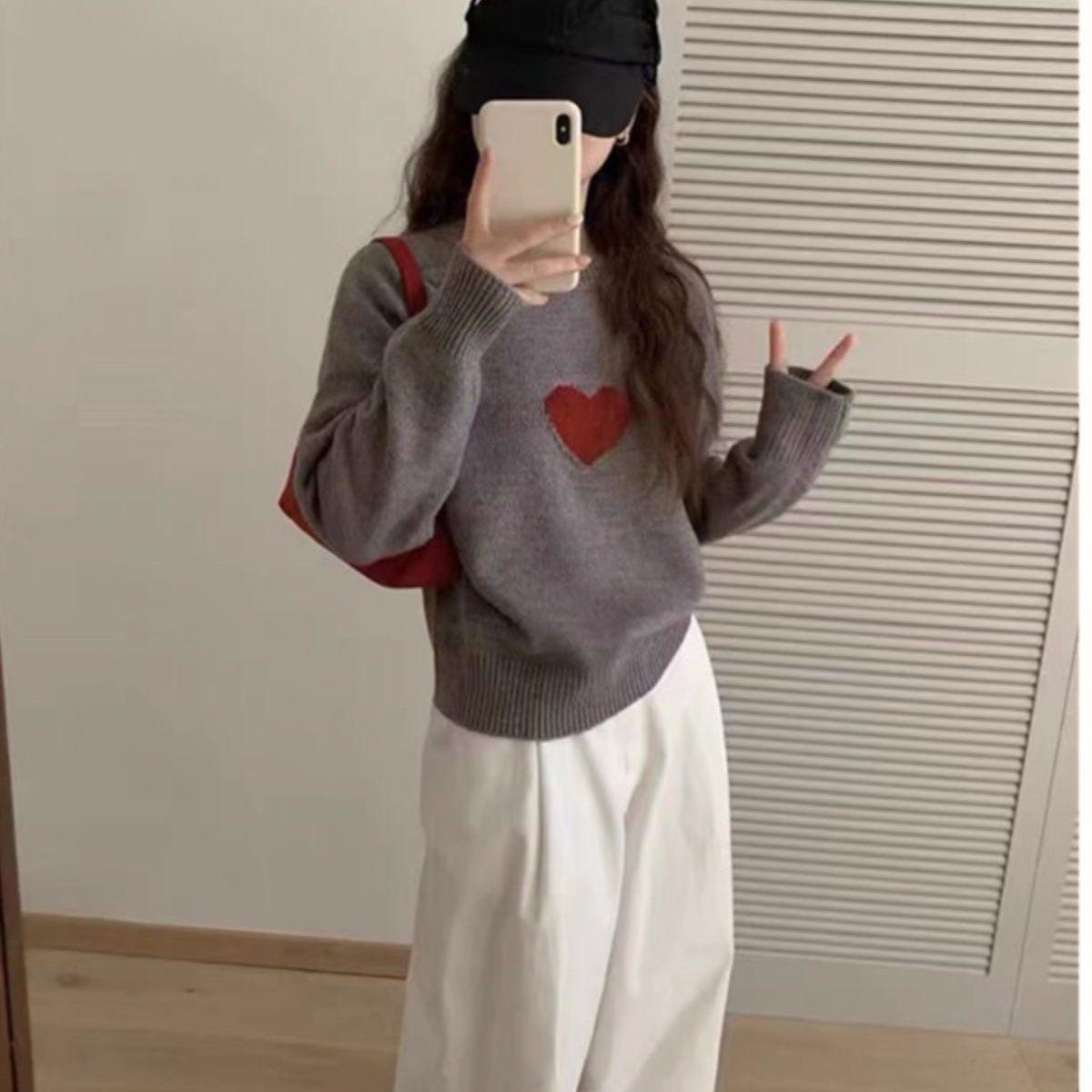 

осень зима новый стиль светская львица длинный рукав пайетки круглый вырез вязаный свитер модный омолаживающий пуловер короткий стиль One Size серый