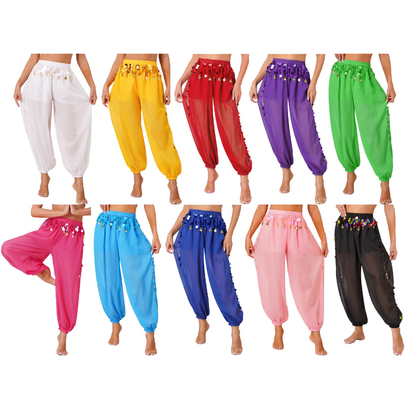 Women's Belly Dance Harem Pants - Side Slit Sequins Bloomers, Chiffon & Sequin, One Size Fits Most