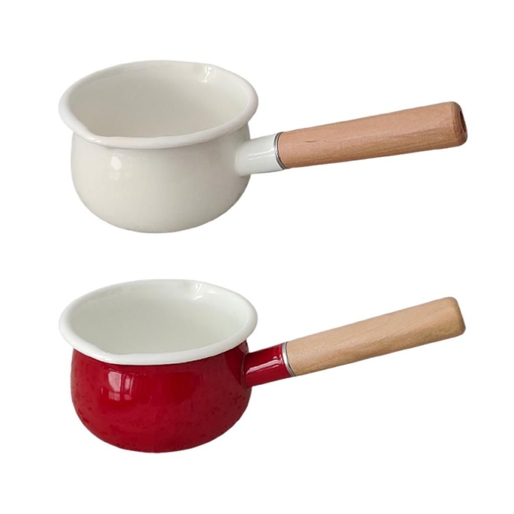 Small Enamel Milk Pot Porridge Cooking Pot with Wooden Handle Butter Warmer for Cooking Stove Top Home Camping RV Travel