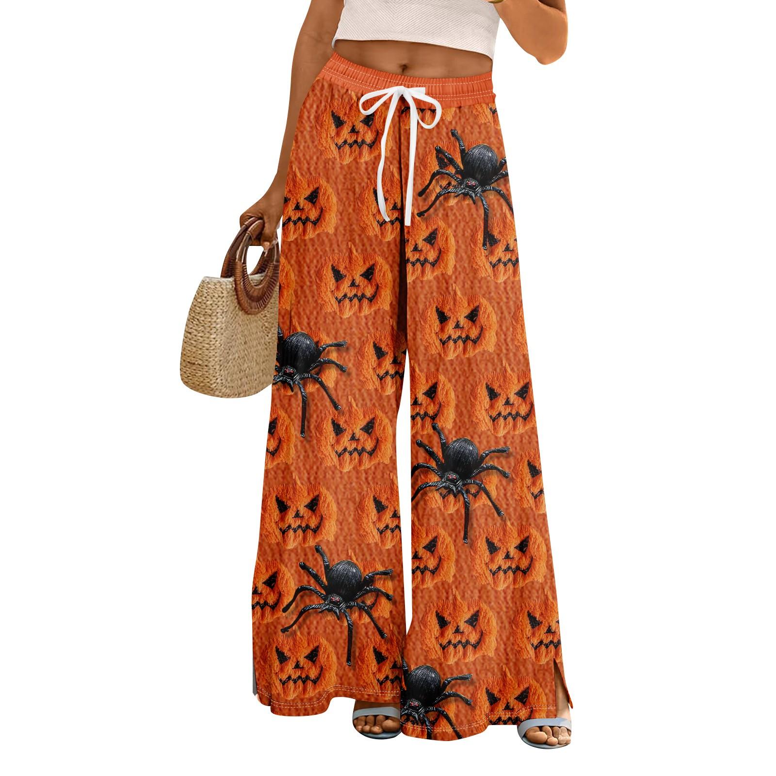 

Женские летние брюки палаццо в стиле бохо с высокой талией и широкими штанинами, с принтом на Хэллоуин, повседневные брюки с карманами XL шафрановый