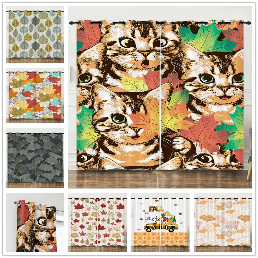 Curtains Autumn Maple Leaf Pattern European and American Blackout Curtain Bedroom No Perforated Curtain Living Room