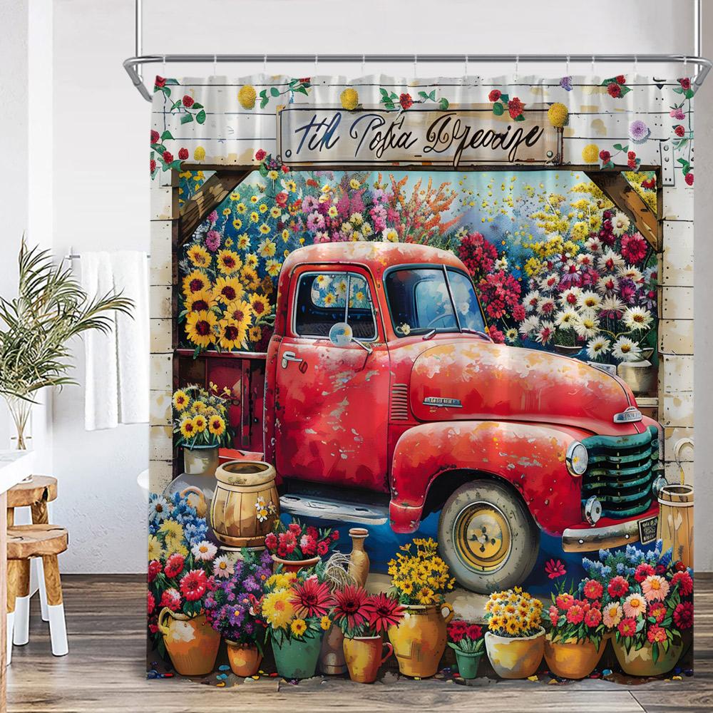 Flower Shop Spring Shower Curtain Red Truck Blue Pickup Vintage Floral Bathroom Home Decor Polyester Bathtub Curtain With Hook