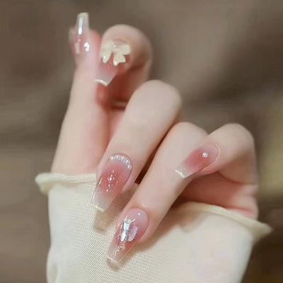 24 szt. Trójwymiarowe Kokardki Noszenie Nail Art Gotowe Sztuczne Paznokcie Perłowo Białe Krótkie Baletowe Błyszczące Diament Aurora