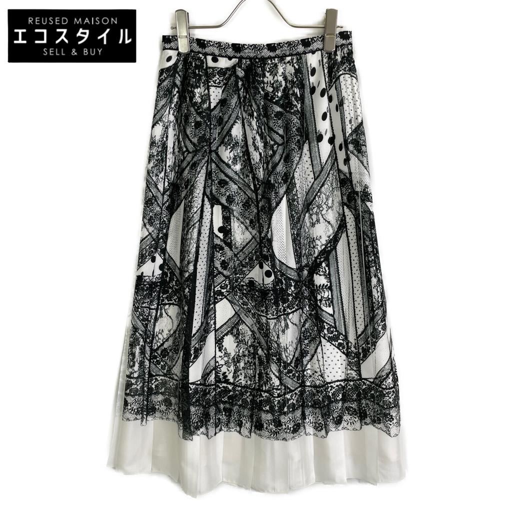 ERDEM 4647YLPT White x Black Lace Print Pleated Skirt skirt UK6 White / blackUsed