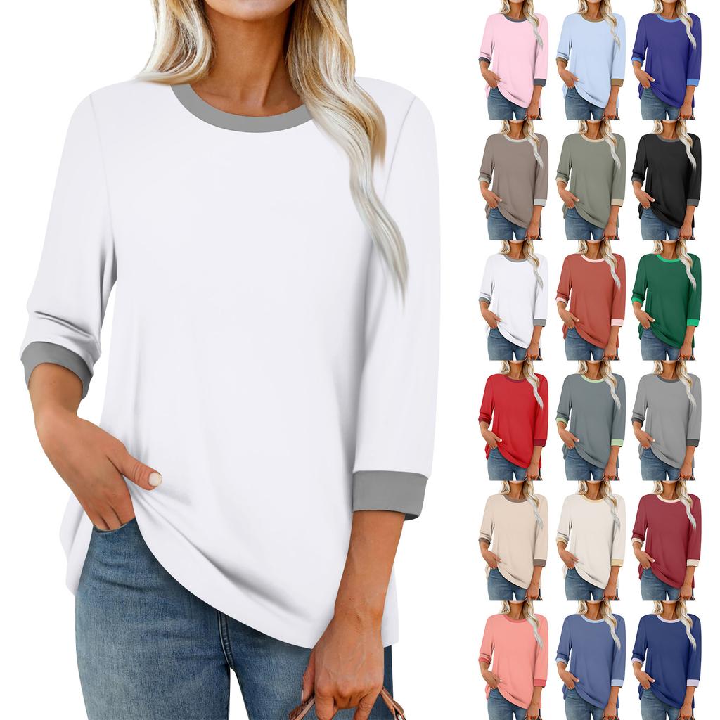 Women's Fashion Casual Seven Sleeve T-Shirt Print Round Neck Top
