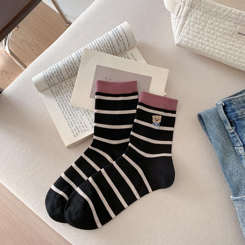 25 Summer Socks Women'S Mesh Thin Medium Tube Cotton Socks Striped Bear Embroidered Stacking Socks Trendy Women'S Socks