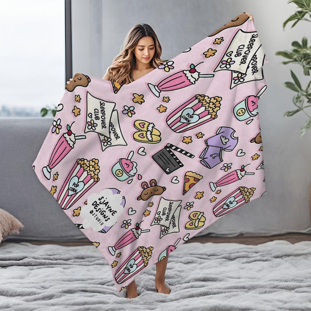 DOPAMINE Cartoon Fleece Blanket - Soft Plush Throw for Girls Room Cozy Pink Sleepover Club Blanket with Popcorn Milkshakes
