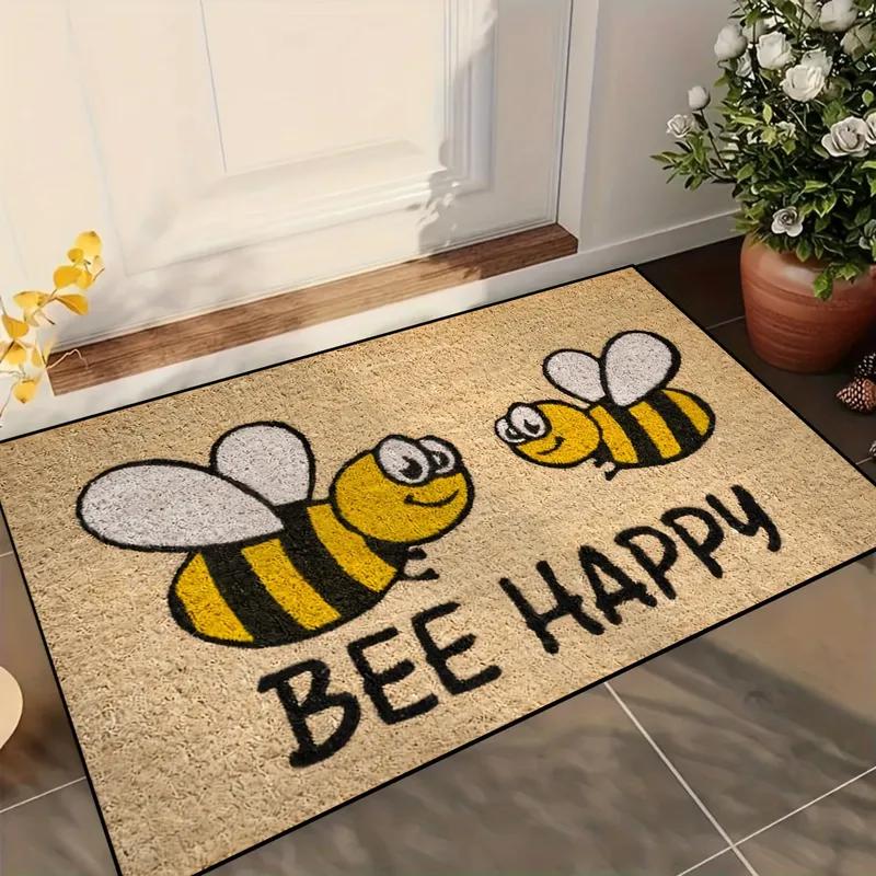 VIKAMA Bee Happy Doormat Welcome Mat Crystal Velvet Outdoor Carpet Living Room Floor Mat Rug For Bedroom Lightweight Home Decor