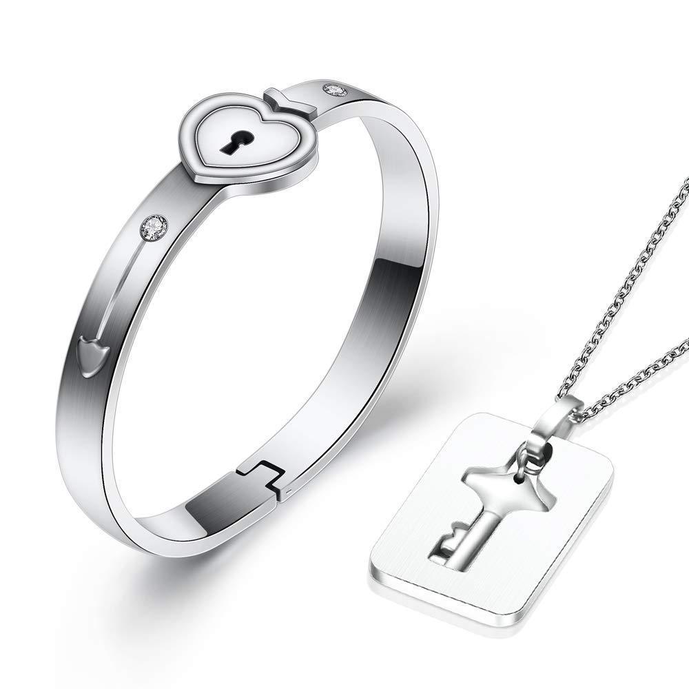 Fly to the Clouds Titanium Steel Couple s Concentric Lock Bracelet & Necklace Set