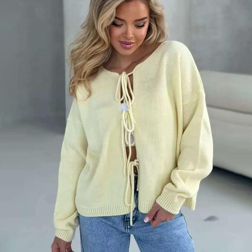 Women S Loose Knit Long Sleeve Round Neck Tie Cardigan Sweater