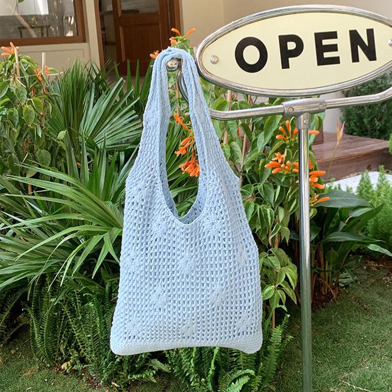 Yogodlns Korean Style Hollow Out Knitted Weave Bag Solid Color Vacation Style Knitted Shoulder Bag Handbag Braided