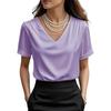 Damen T-Shirt Einfarbige Lockere Passform Glattes Satin V-Ausschnitt Kurzarm Oberteile Sommer Lässiges T-Shirt Tägliche Kleidung