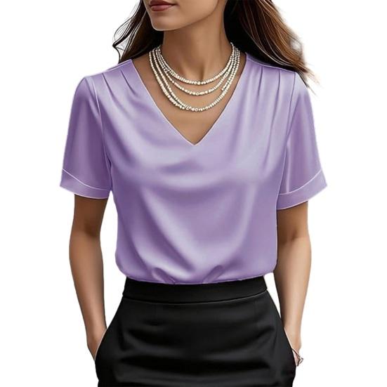 

Women T-shirt Solid Color Loose Fit Smooth Satin V-Neck Short Sleeve Tops Summer Casual Tee Shirt Daily Wear M фиолетовый