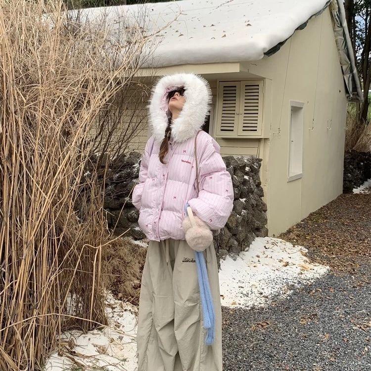 

Хлопковая куртка с капюшоном в корейском стиле с меховым воротником и полосками - Короткая, толстая и теплая для зимы M 110-130 cm