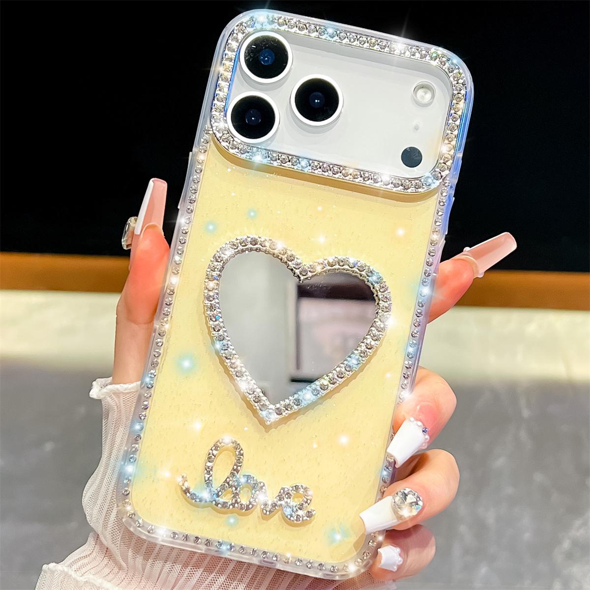 

Handmade Sparkly Diamond Heart Mirror IMD Phone Case, Compatible with iPhone 13,iPhone 14,iPhone 15,iPhone 16,iPhone 17 Series iPhone 17 Air светло-желтого