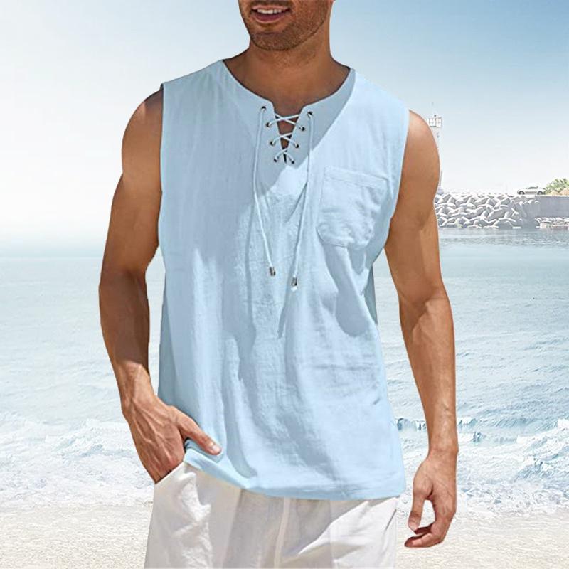 New Hot Selling Men's Tank Top Shirt Lace Up Fashion Solid Color Cotton Linen Short Sleeve T-Shirt