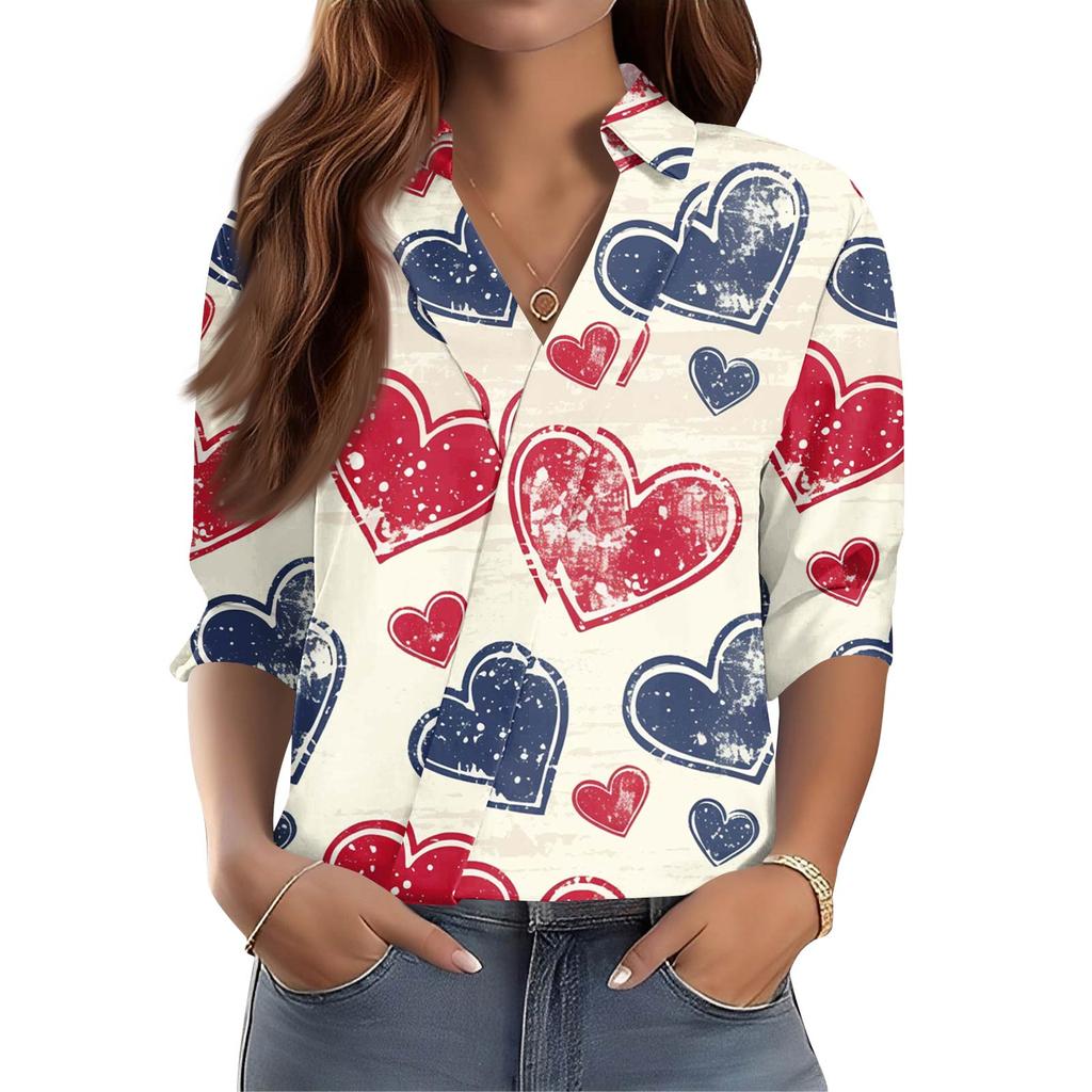 Women's 3/4-Sleeve V-Neck Shirt Printed Workwear Casual Regular Shirt Collar Top