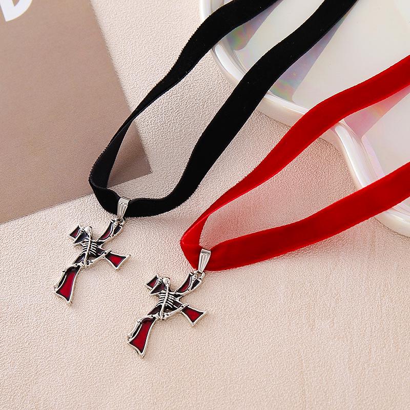 Alloy Gothic Skull Cross Necklace with Ribbon Pendant: Electroplated for a Unique Halloween Style