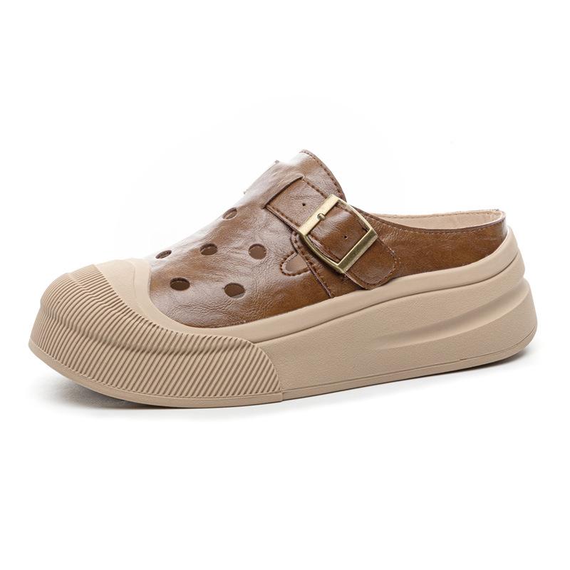 

Женские летние тапочки 2025 года, новая коллекция, с круглым носком, из коровьей кожи, низкие, на толстой подошве, увеличивающие рост, повседневные и удобные сандалии 40 коричневый