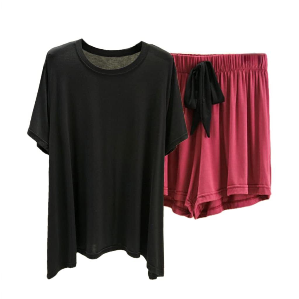 Damen Lockeres Casual Rundhals Kurzarm T-Shirt Shorts Set Farbe Pyjama