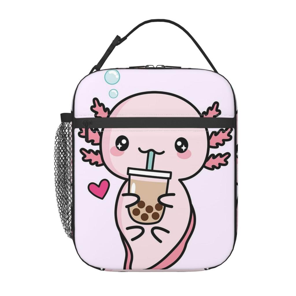 Cute Axolotl Milk Tea Print Insulated Lunch Bag for Women Children Portable Food Boxes Thermal Lunch Box Tote