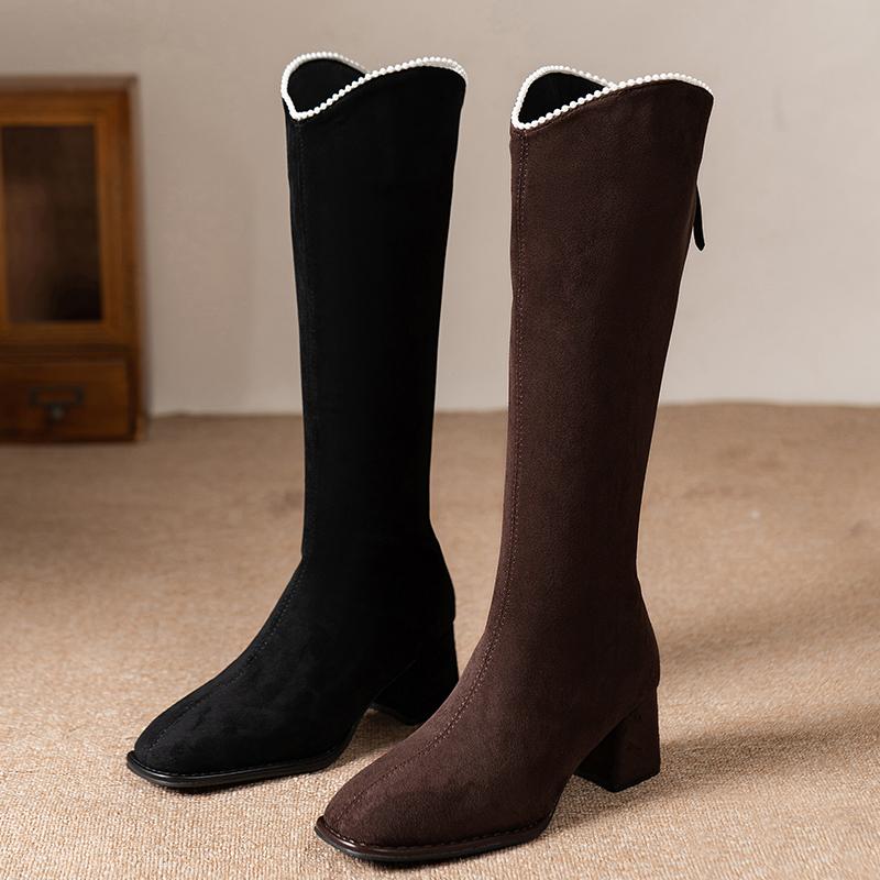 Módní Zimní Nové Vysoké Kozačky na Blokovém Podpatku Dámská Móda Čtvercová Špička Semišový Vzadu na Zip Protiskluzové Boty Odolné proti Opotřebení