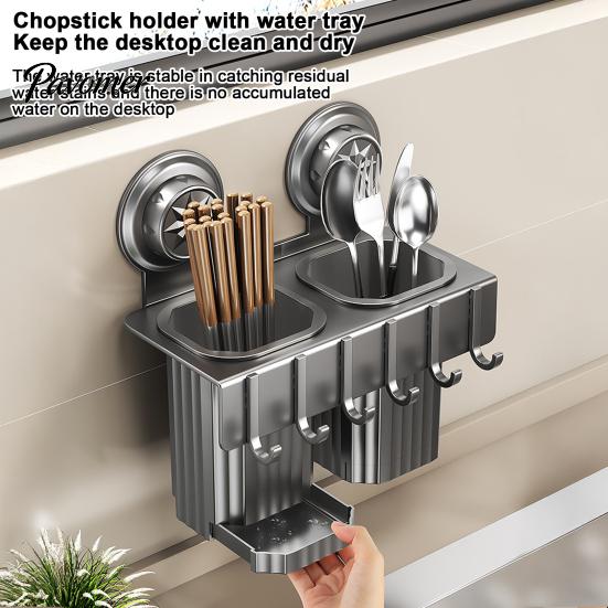 Kitchen Countertop Organizer Chopstick/Cutter Storage Rack, Wall Mounted Suction Cup Installation, Heavy Duty Carbon Steel No Drill Utensils
