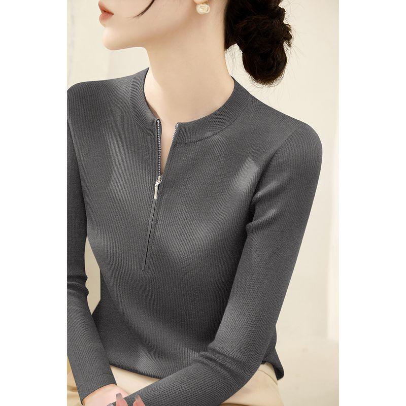 

Half-Open Zipper Design Shoulder Slim Fit Bottoming Top Women s Clothing Summer 2025 New Arrival Classy Mid-Sleeve Sweater Thin Grey [Long sleeves]] M
