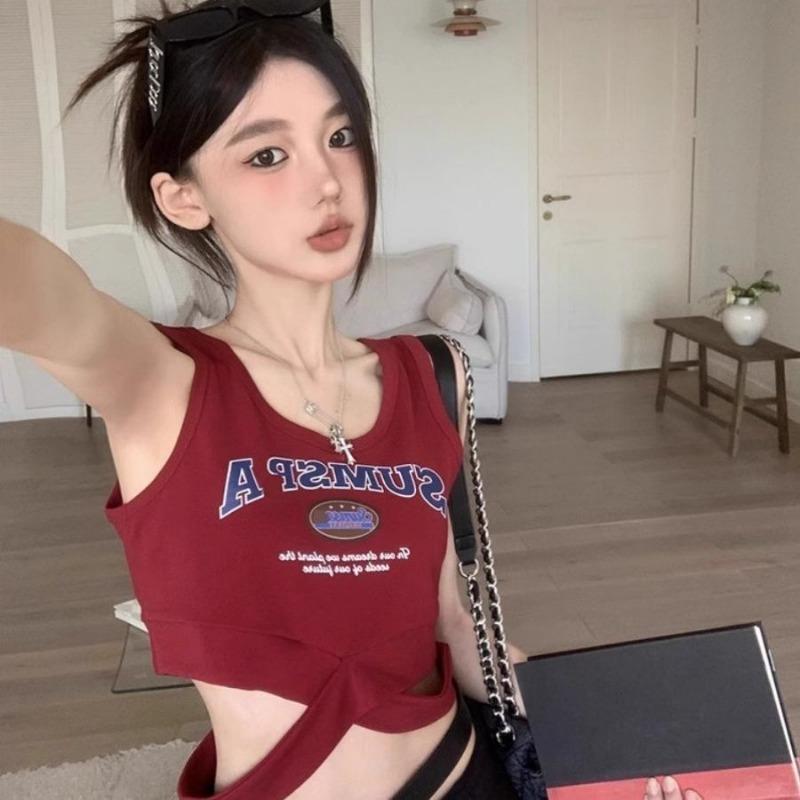 

American Hot Girl Style Camisole for Women Summer New Design Cross Short Waist Top Trendy S красный