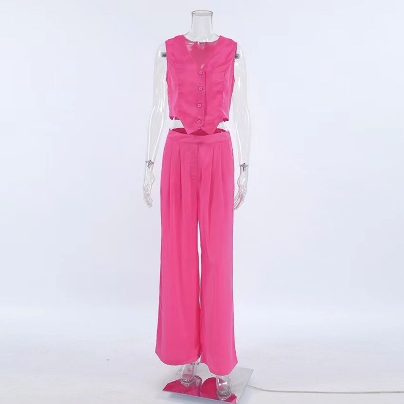 

Western Style Summer Fashion Satin Sleeveless Vest Vest Trousers Casual Set Vest and Pants Set Pink S