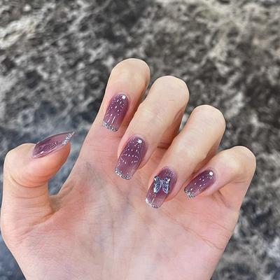 24pcs Grape Purple Glitter French Butterfly Nail Patch Wearing Nail Fake Nail Manicure Finished Nail Patch Nail Patch