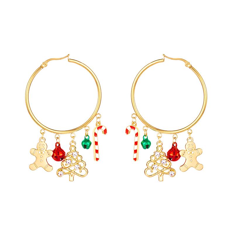 

Christmas Hoop Earrings - Gold-Plated Gingerbread/Candy Cane Decor Drop Earrings for Holiday Party Jewelry