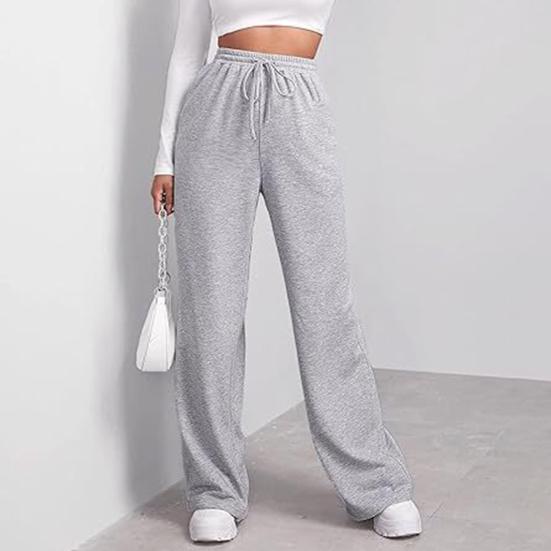 Women Wide Leg Pants Elastic High Waist Adjustable Drawstring Pure Color Long Sweatpants with Pockets Casual Lounge Pants Daily Wear