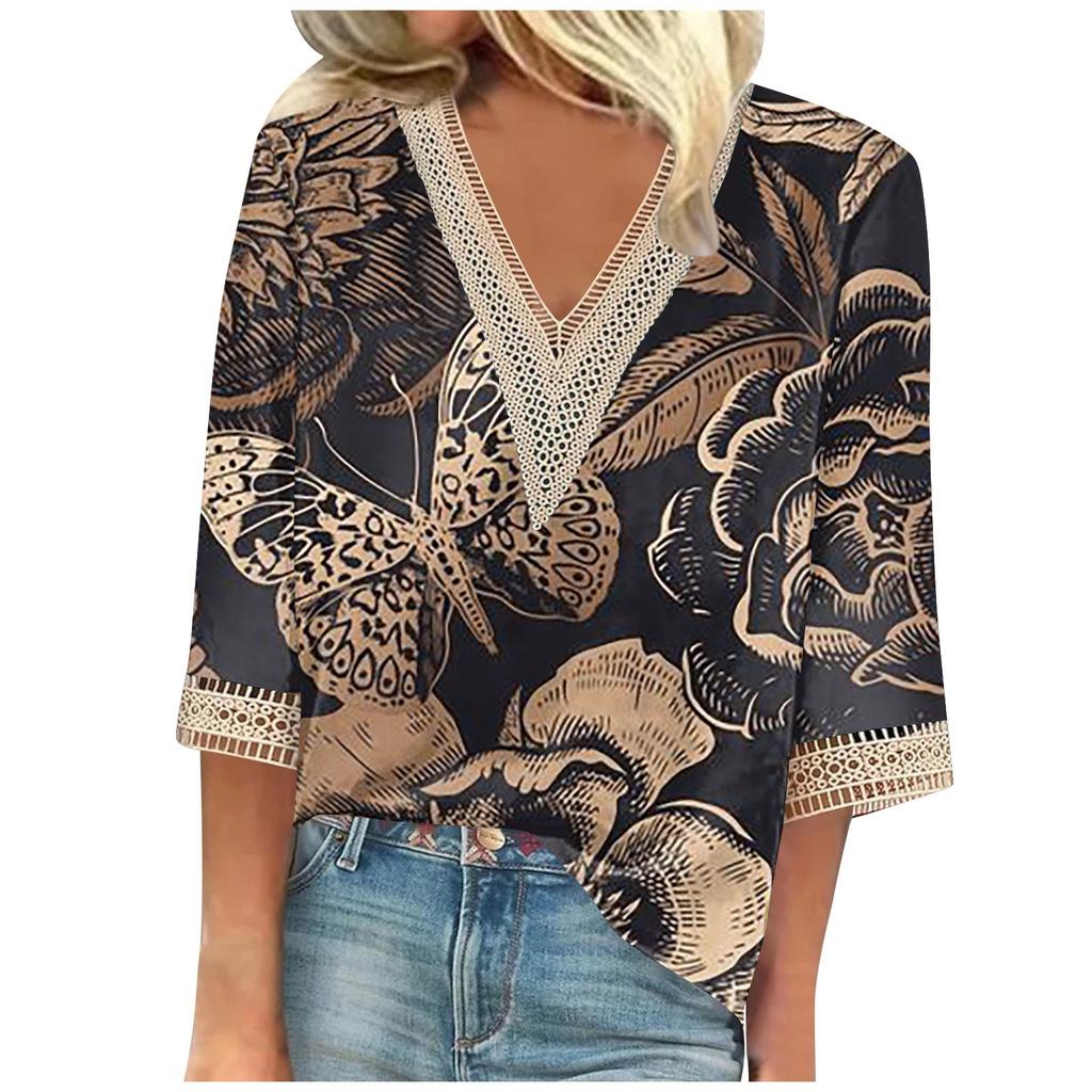 Women's Shirt Blouse Casual Loose Shirts 3/4 Sleeve Lace Trims Print V Neck Tops Print Tops T-shirts