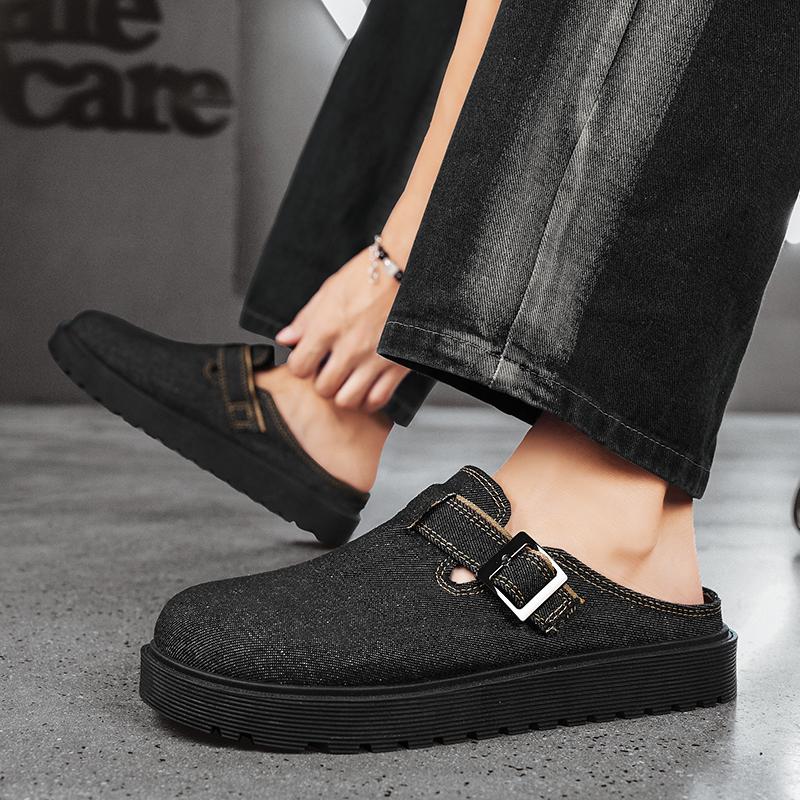 Thick-soled Half Shoes For Men Mules Denim Platform Closed Toe Sandals Slip On Backless Loafers Slipper Semi-Drag Casual Shoes