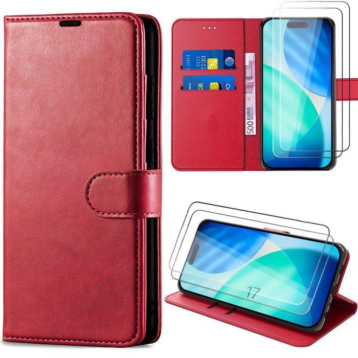 Coque pour iPhone 17 - BOOLING - Rabat Anti-Rayures Antichoc Synthécuir - Rouge - 2 Verres Trempés