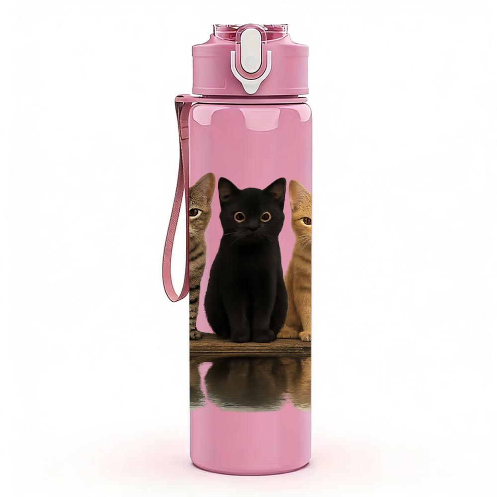 1PC Three Cats Wooden Platform Portrait 750ml Color Plastic Sports Water Bottle Leakproof Flip Straw Lid Suitable for Sports Office Home Use