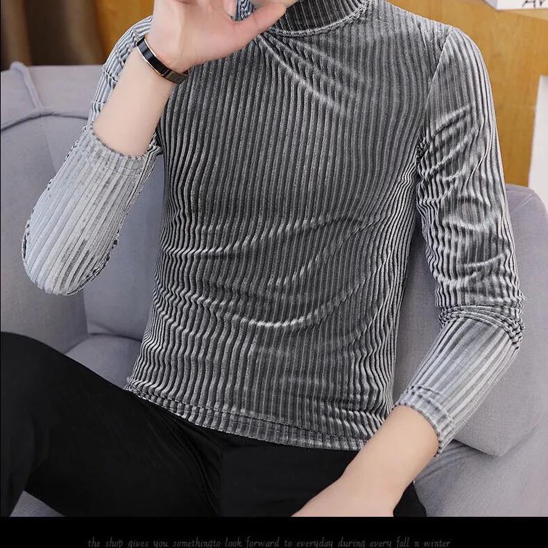 Men's Fall Half-High Neck Striped Long-Sleeve T-Shirt Slim-Fit Mid-Neck Thermal Base Layer