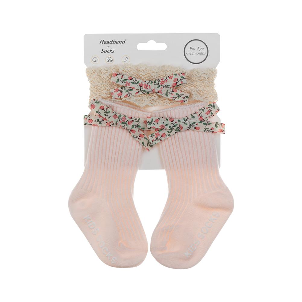 3Pcs/Lot Flower Print Bow Baby Socks Non-Slip Infant 0-12M Elastic Princess Boys Girls Long Knee Sock Lace Headband Kids Hairban