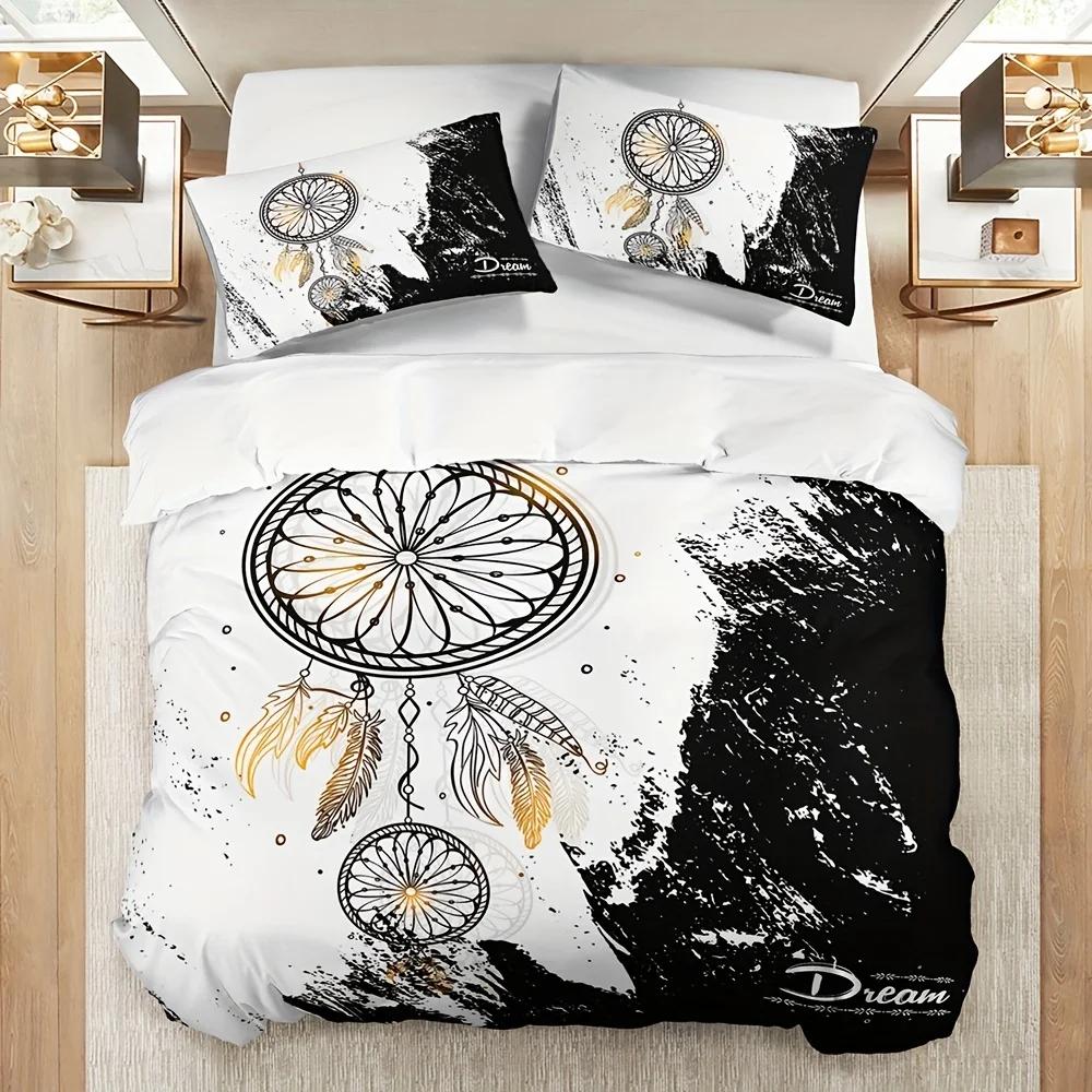 Dreamcatcher Quilt Cover Collection Black And White Sleep Bedding Collection Plush Quilt Cover For Bedroom Guest Room (1*Quilt Cover+2*Pillowcase)